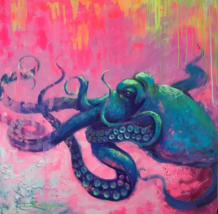 Blue-green octopus in a colorful abstract pink painting