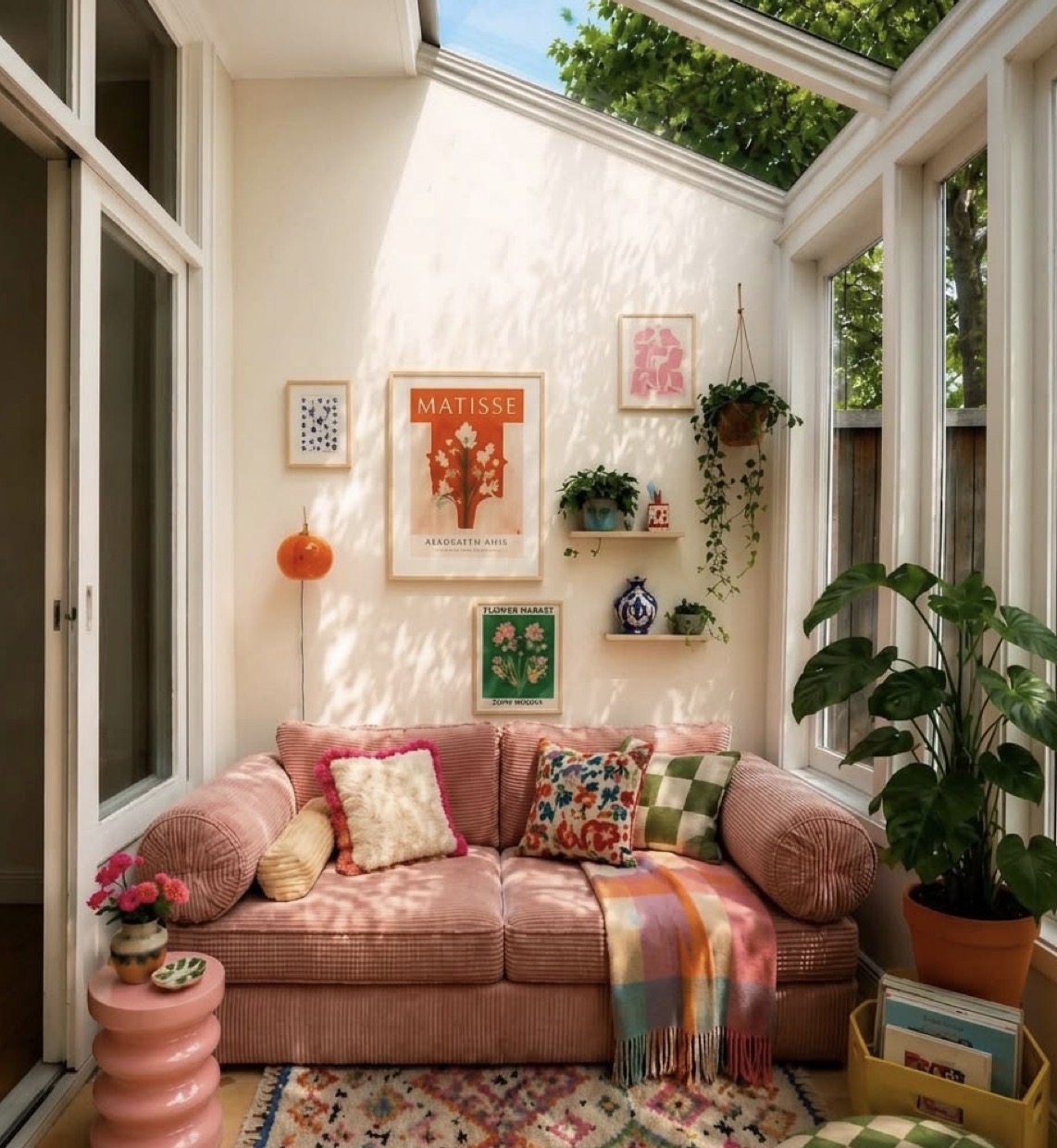 Cozy sunroom with pink sofa, colorful cushions, gallery wall, and indoor plants