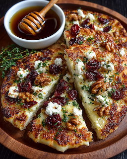 Sliced chesy flatbread topped with goat cheese, walnuts, cranberries and herbs on a wooden board with honey