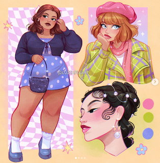 Colorful illustration of two fashionable girls and a woman's portrait on a pastel background