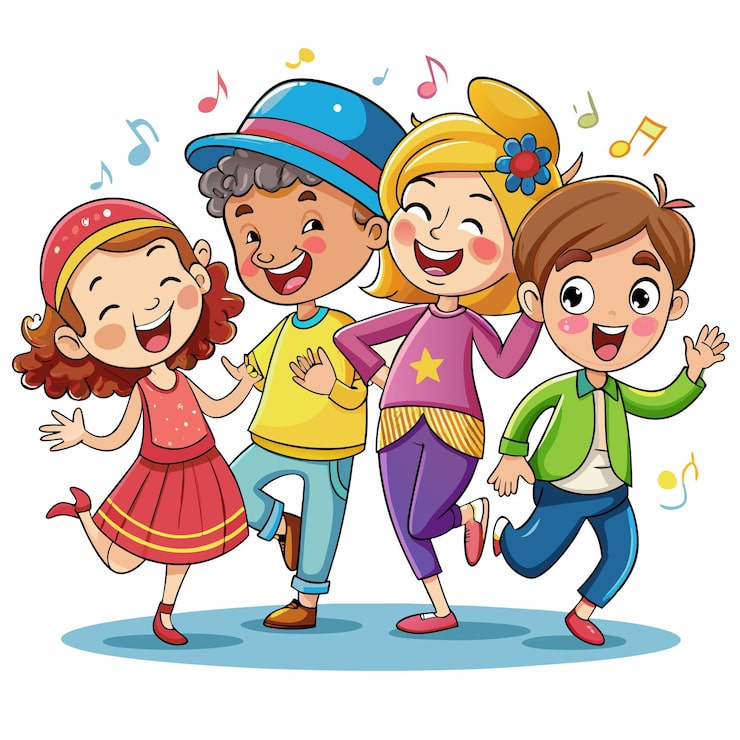 Cartoon of four happy children dancing together with music notes