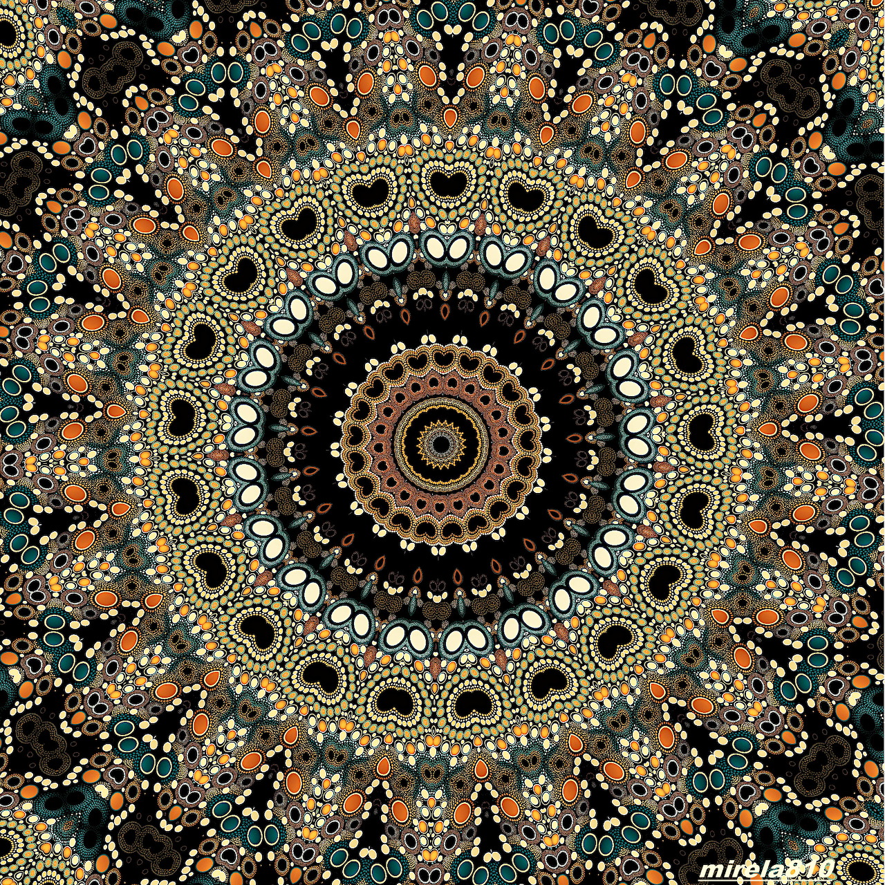 Ornate mandala with concentric circles of geometric patterns in gold, teal, and orange on black background
