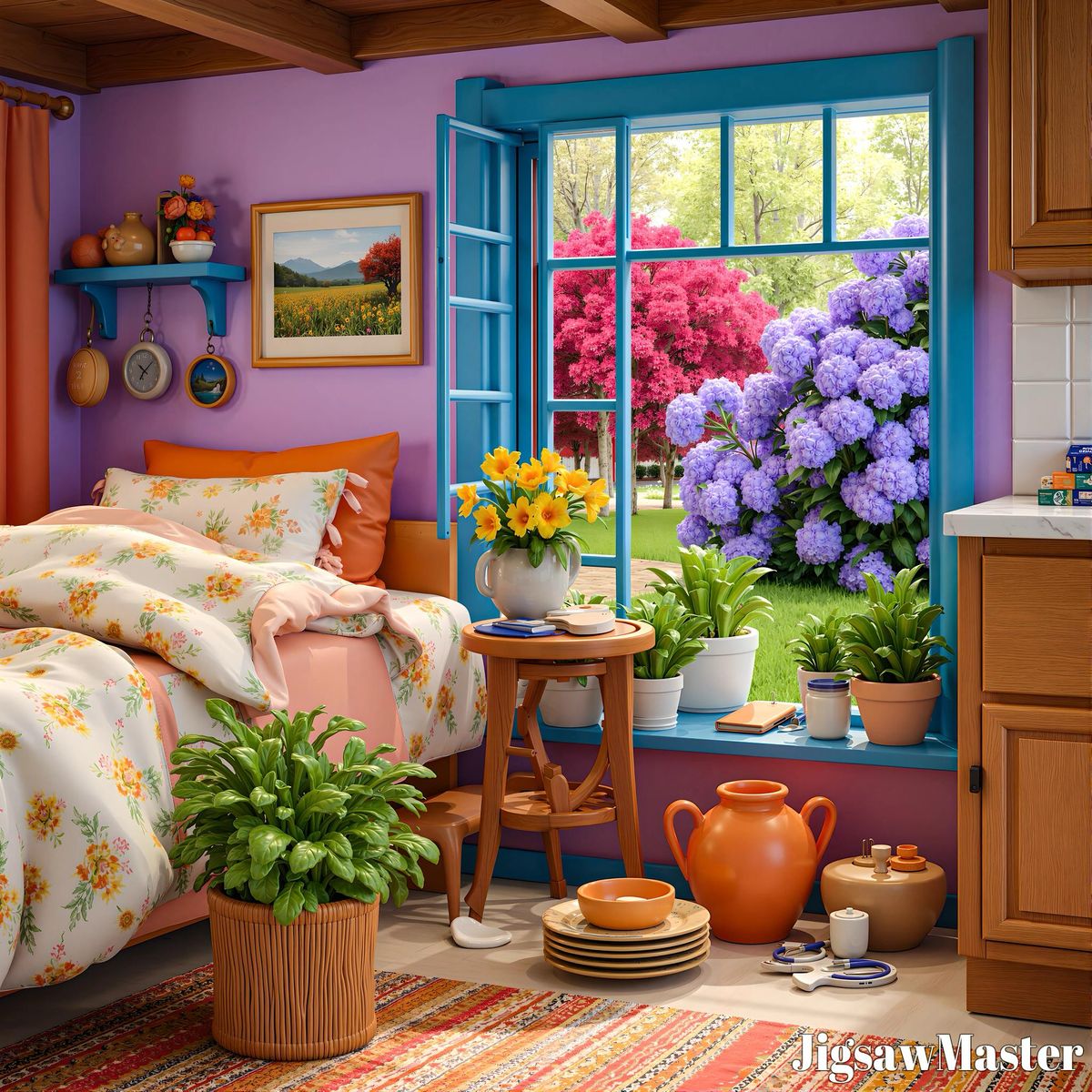 Cozy bedroom with floral bedspread, potted plants, and an open window facing colorful garden flowers