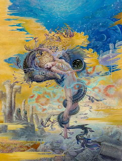 Surreal fantasy painting of a woman's face within swirling blue and gold cosmic patterns with stars and mystical architecture