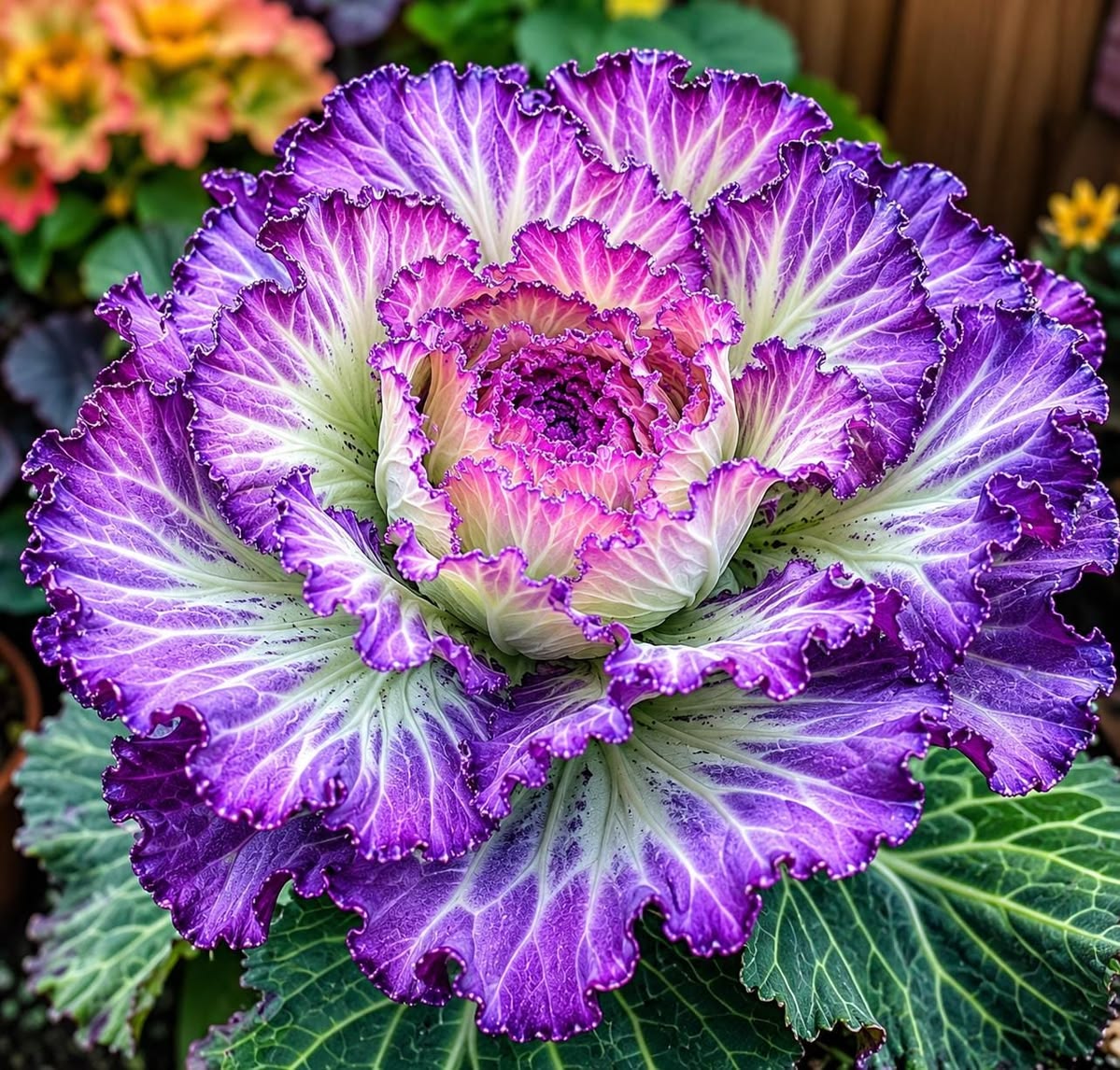 Purple and white ornamental cabbage with ruffled leaves and green foliage