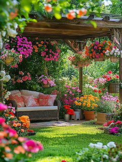 Garden pergola with wicker couch, hanging baskets, and colorful flowers on a green lawn