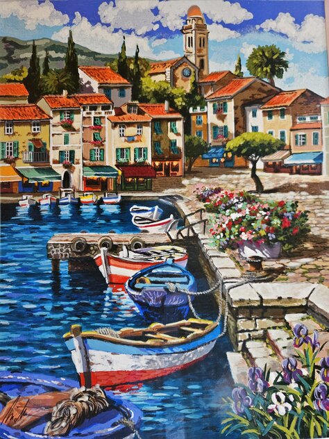 Painting of a Mediterranean harbor town with sailboats and colorful waterfront buildings