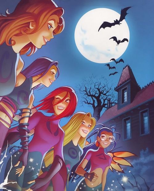 Five W.I.T.C.H. cartoon girls gathered under a full moon with bats flying near a dark haunted house