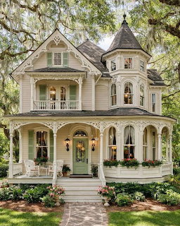 Victorian mansion with turret, wraparound porch, and decorative trim under oak trees