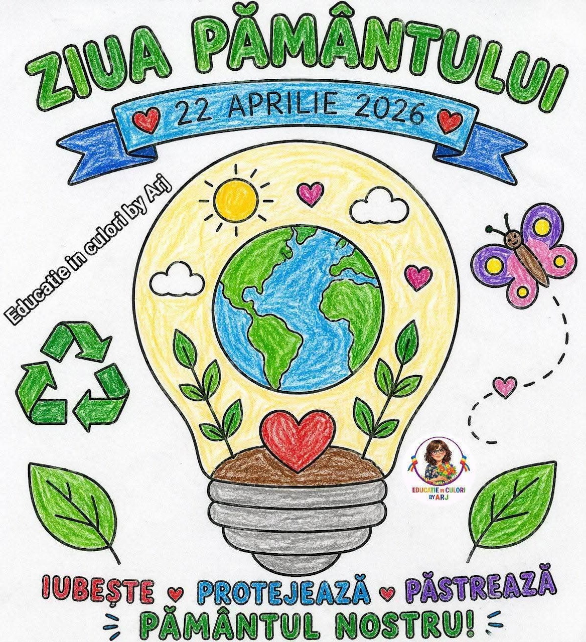 Children's Earth Day illustration with globe in light bulb, recycling symbol, butterfly, sun, and Romanian text