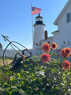 White lighthouse with nearby building and red flowers in a sunny garden