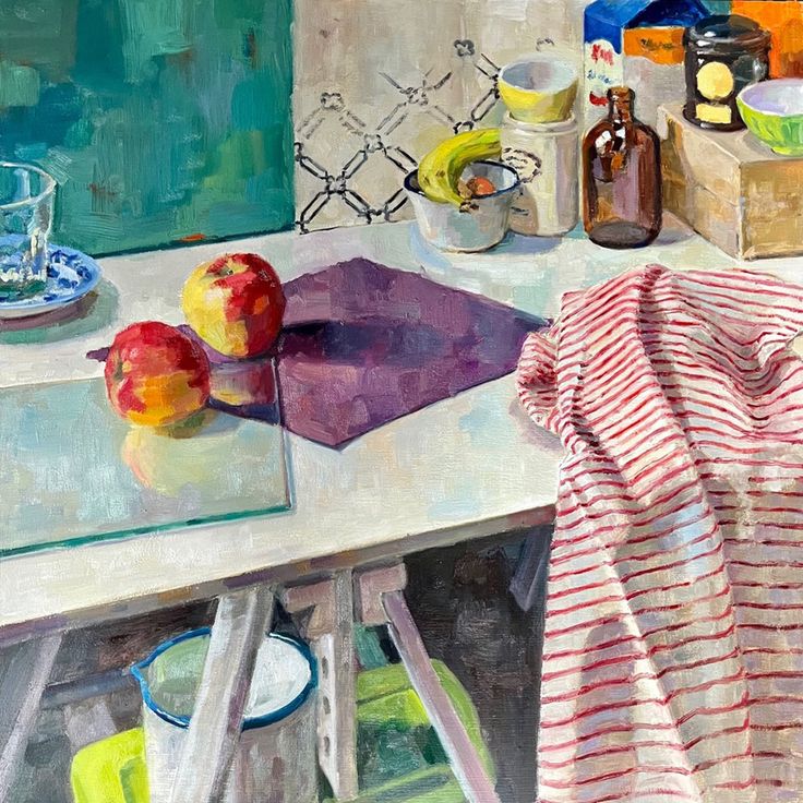 Impressionistic painting of kitchen table with fruit, pitcher, bottles and striped red cloth