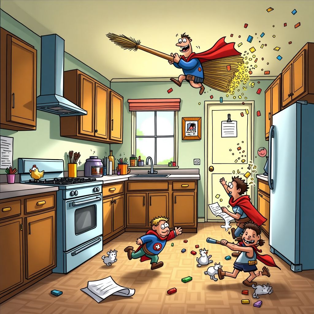 Children in superhero costumes playing in a kitchen with toys flying around
