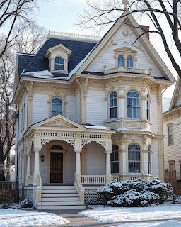 White Victorian house with decorative trim and balconies in winter snow