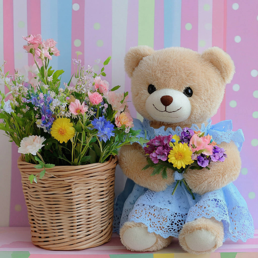 Plush teddy bear in blue dress holding flowers next to wicker basket of mixed blooms on striped background