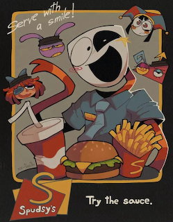 Cartoon poster with smiling characters around a burger, fries, and soda