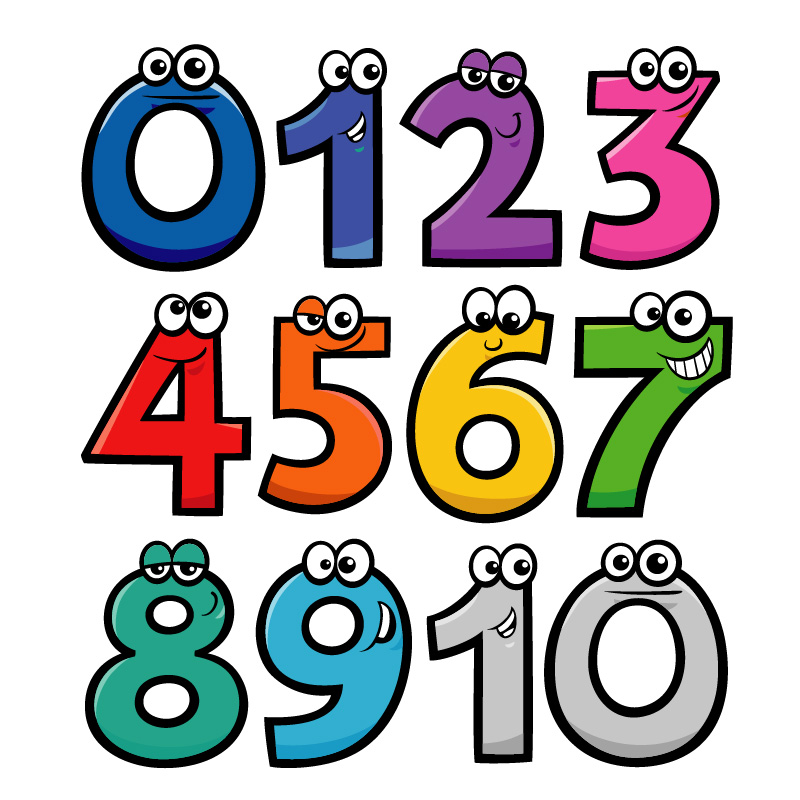 Cartoon numbers 0 through 10 with cartoon eyes and faces in bright colors