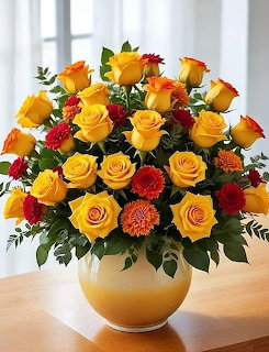 Bouquet of yellow roses with red chrysanthemums and green foliage in a round cream vase