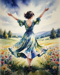 Woman in blue dress with raised arms standing in colorful wildflower meadow, watercolor painting style