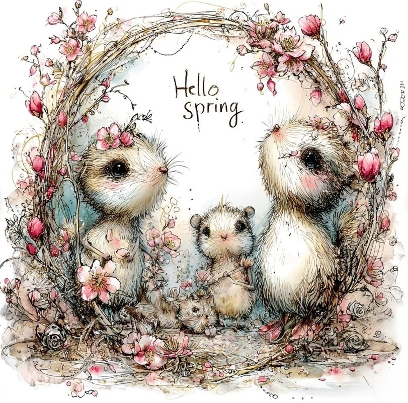 Cute illustrated mice sitting among pink spring flowers and twigs with Hello Spring text above