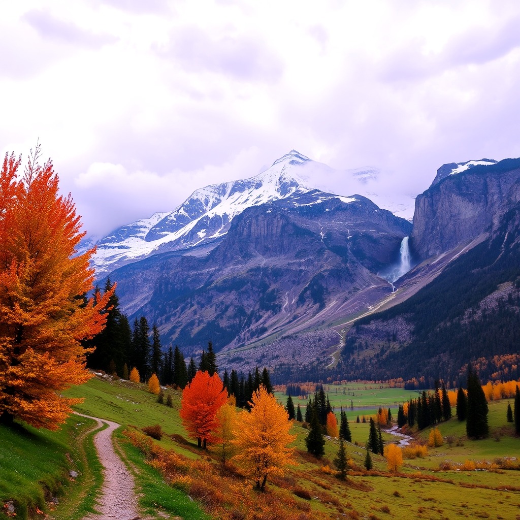 Winding path through autumn valley with colorful trees and snow-capped mountains in background