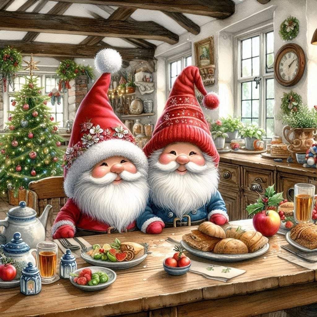 Two smiling gnomes in red hats at a wooden table with Christmas food and decorations in a rustic cottage kitchen
