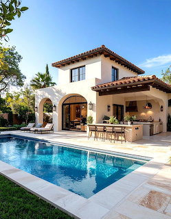 White Spanish-style villa with arched doorway, terracotta roof, swimming pool, and outdoor bar area