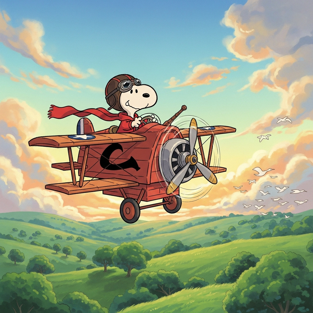 Snoopy flying a red biplane over green hills under a sky full of golden clouds