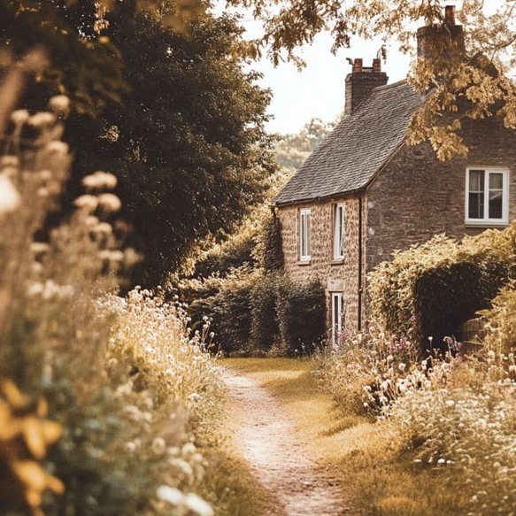 Rustic stone cottage beside a narrow path with wildflowers and sunlit trees