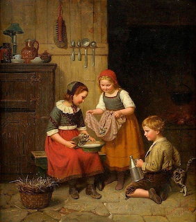 Oil painting of three children in a rustic kitchen caring for kittens in a bowl near a fireplace