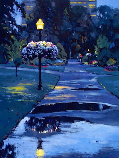 Painting of a garden walkway at dusk with a glowing lamp, flower basket, and reflections in puddles