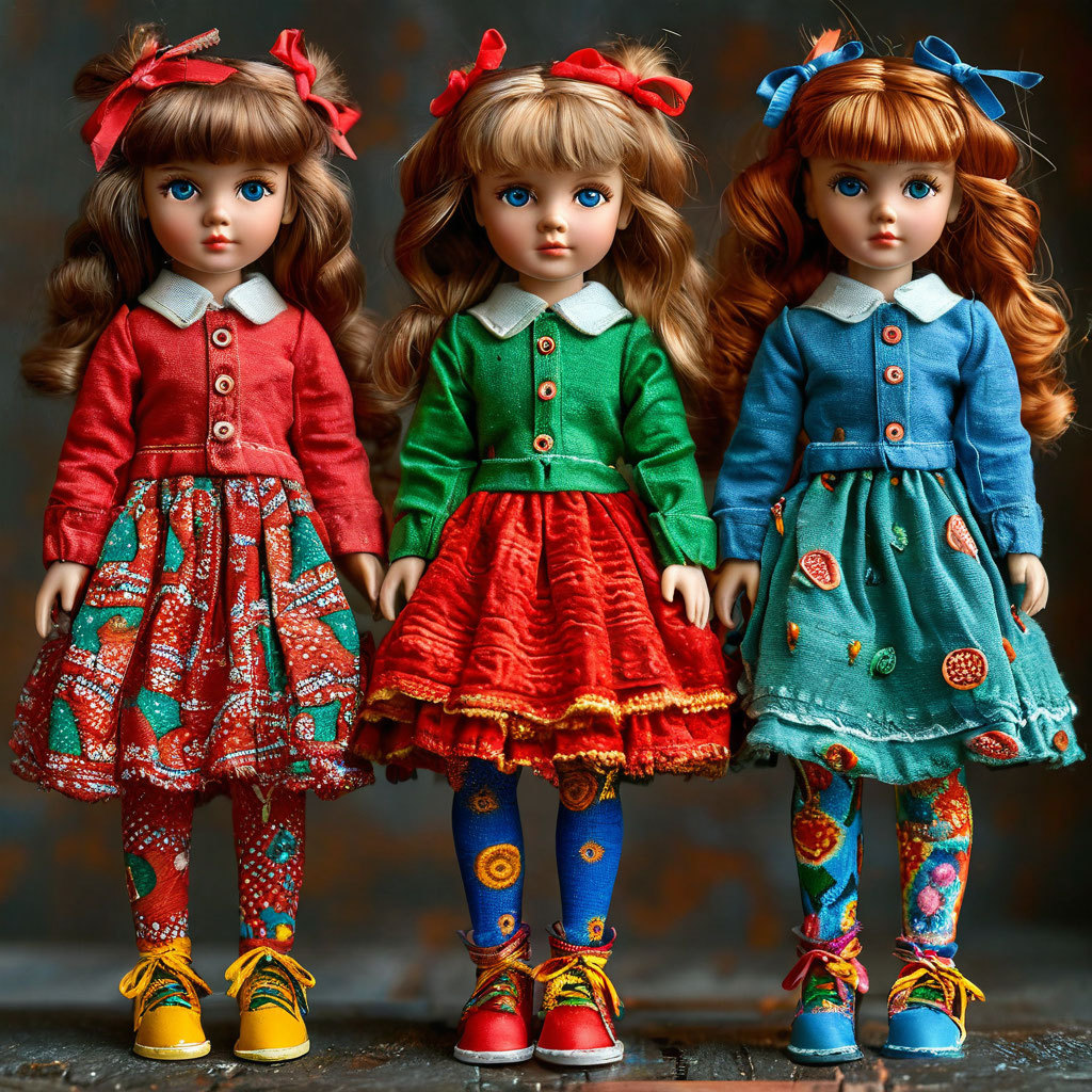 Three dolls in red, green, and blue outfits with matching bows and patterned clothing