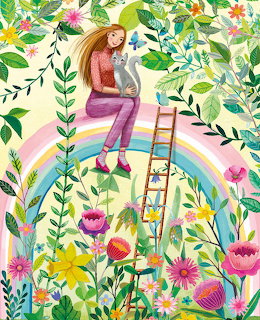 Illustration of girl with long hair sitting on rainbow ladder holding gray cat, surrounded by flowers and plants