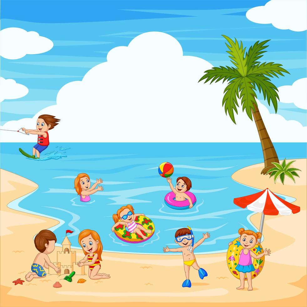 Cartoon children playing on beach with palm tree, ocean, and beach umbrella