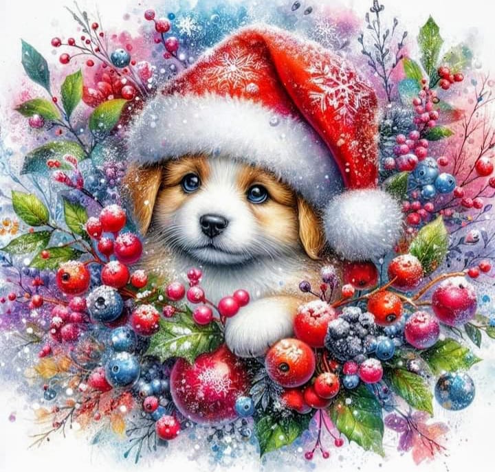 Cute puppy in Santa hat within Christmas wreath of ornaments and snowy greenery