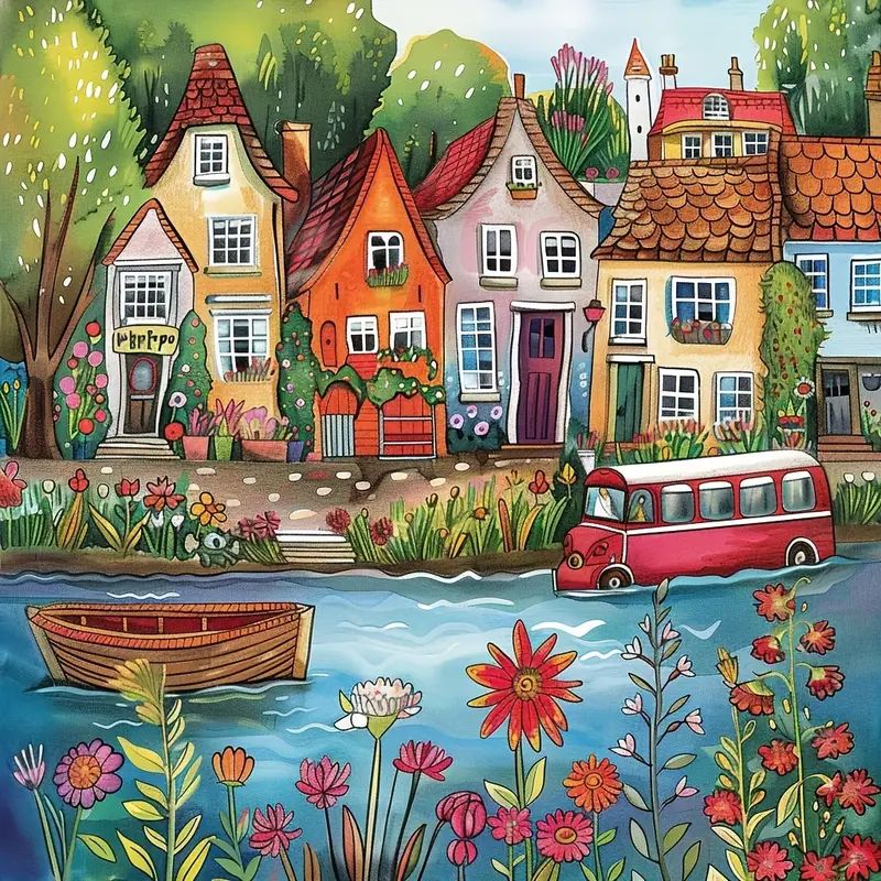 Colorful illustrated village houses by a canal with flowers and boats