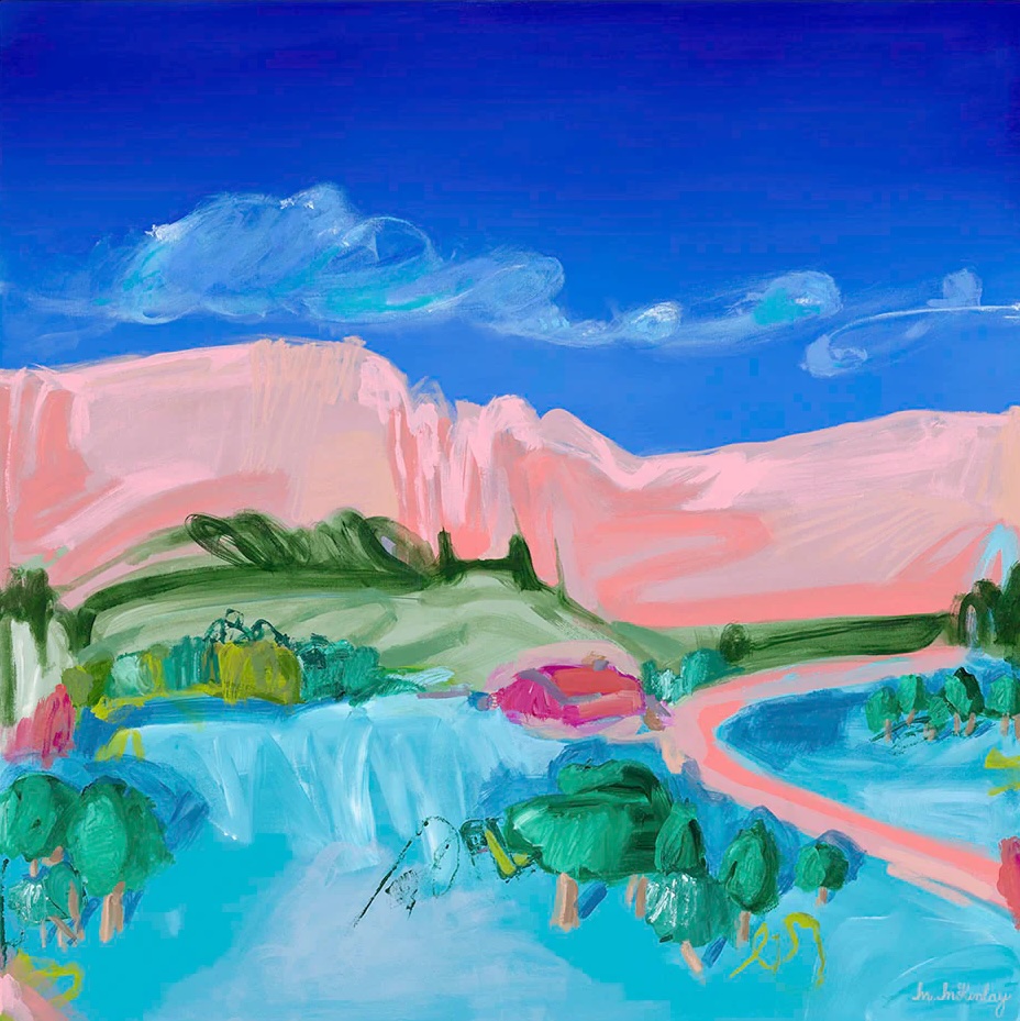 Abstract landscape painting with pink cliffs, blue water, green trees, and a deep blue sky