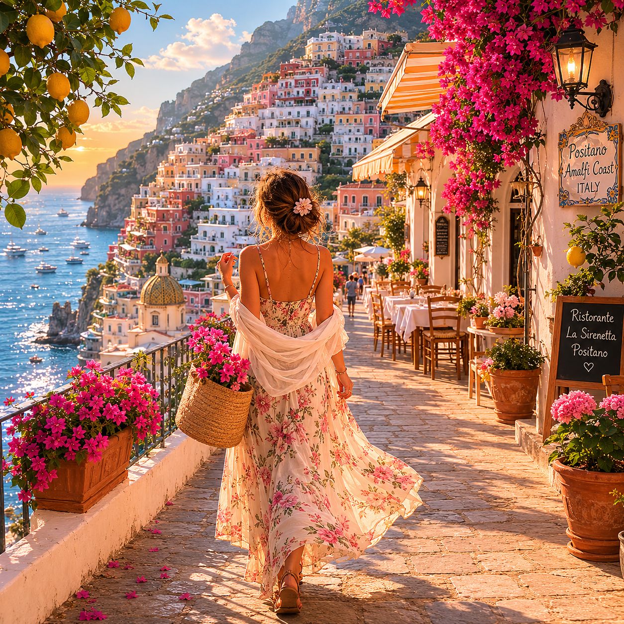 Woman walking on sunlit path in Positano with colorful hillside buildings and bright pink flowers