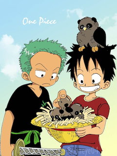 Anime characters Zoro and Luffy from One Piece holding a basket together with cloudy sky background