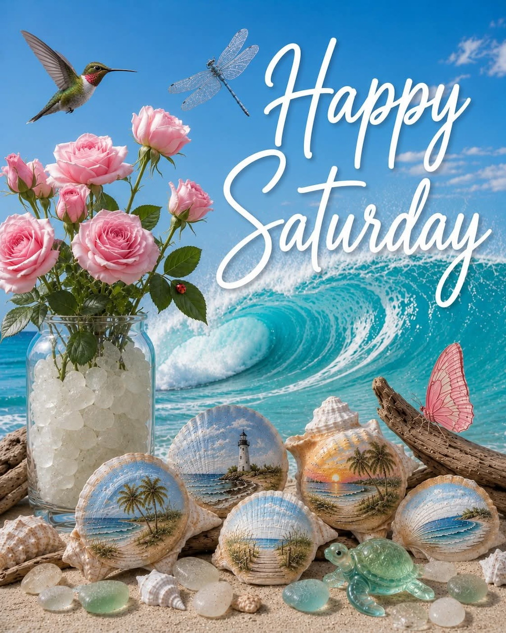 Happy Saturday greeting with painted seashells, pink roses, ocean wave, hummingbird and dragonfly on a beach scene