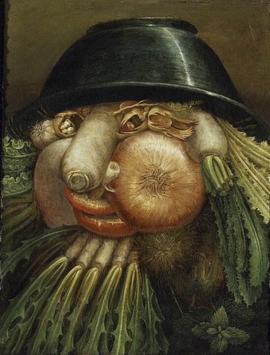 Arcimboldo-style portrait made of onions and vegetables arranged as a face