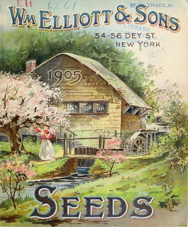 Vintage 1905 Wm. Elliott & Sons seed catalog cover with cottage, garden, woman in pink dress, and early automobile