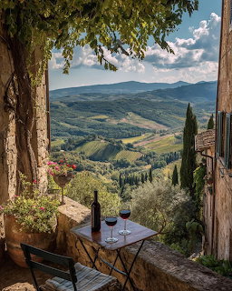 Rustic terrace with wine and a view of rolling Tuscan hills and vineyards
