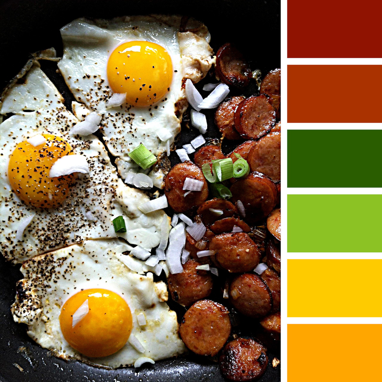 Skillet of fried eggs with sausages and green onions next to a colorful palette