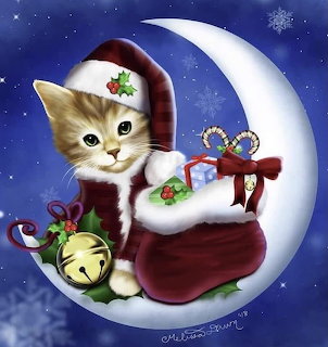 Illustrated kitten in Santa clothes sitting on a crescent moon with a gold bell ornament