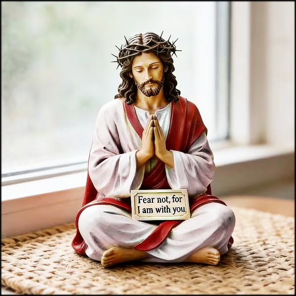 Statue of Jesus Christ in prayer with crown of thorns and sign saying Fear not for I am with you