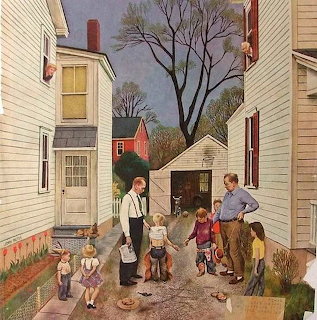 Painting of children and an adult in an alley between houses with trees in the background