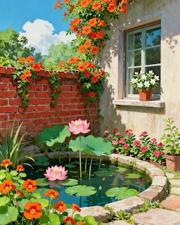 Garden pond with pink lotus flowers, orange and red blooms climbing brick wall, cottage window with flower pots