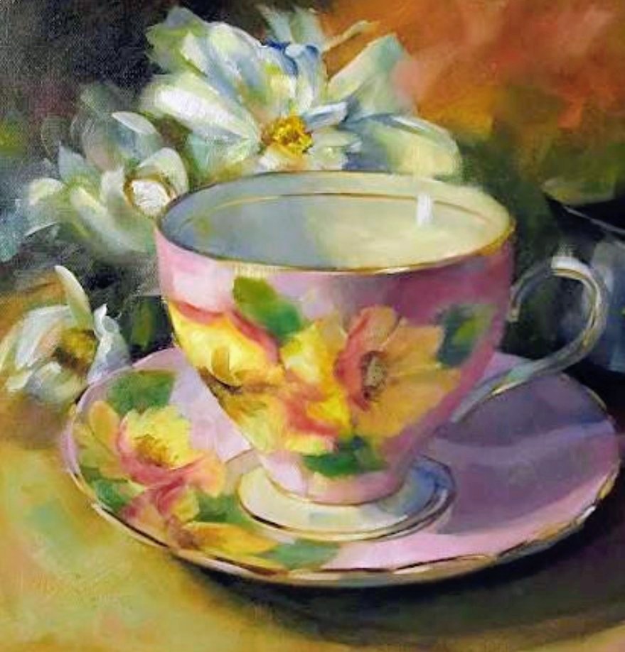 Painting of a pink floral teacup and saucer with white flowers behind it