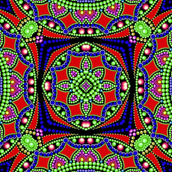 Colorful symmetrical mandala with dotted patterns in red, green, blue, and yellow on dark background